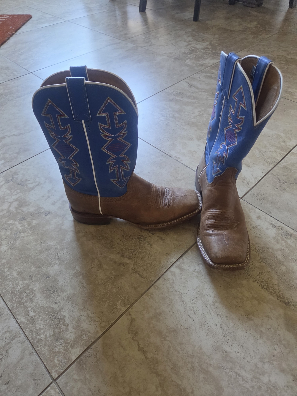 Justin Boots Brown Foot with Blue Stitch-Pattern Shaft Cowboy Boots